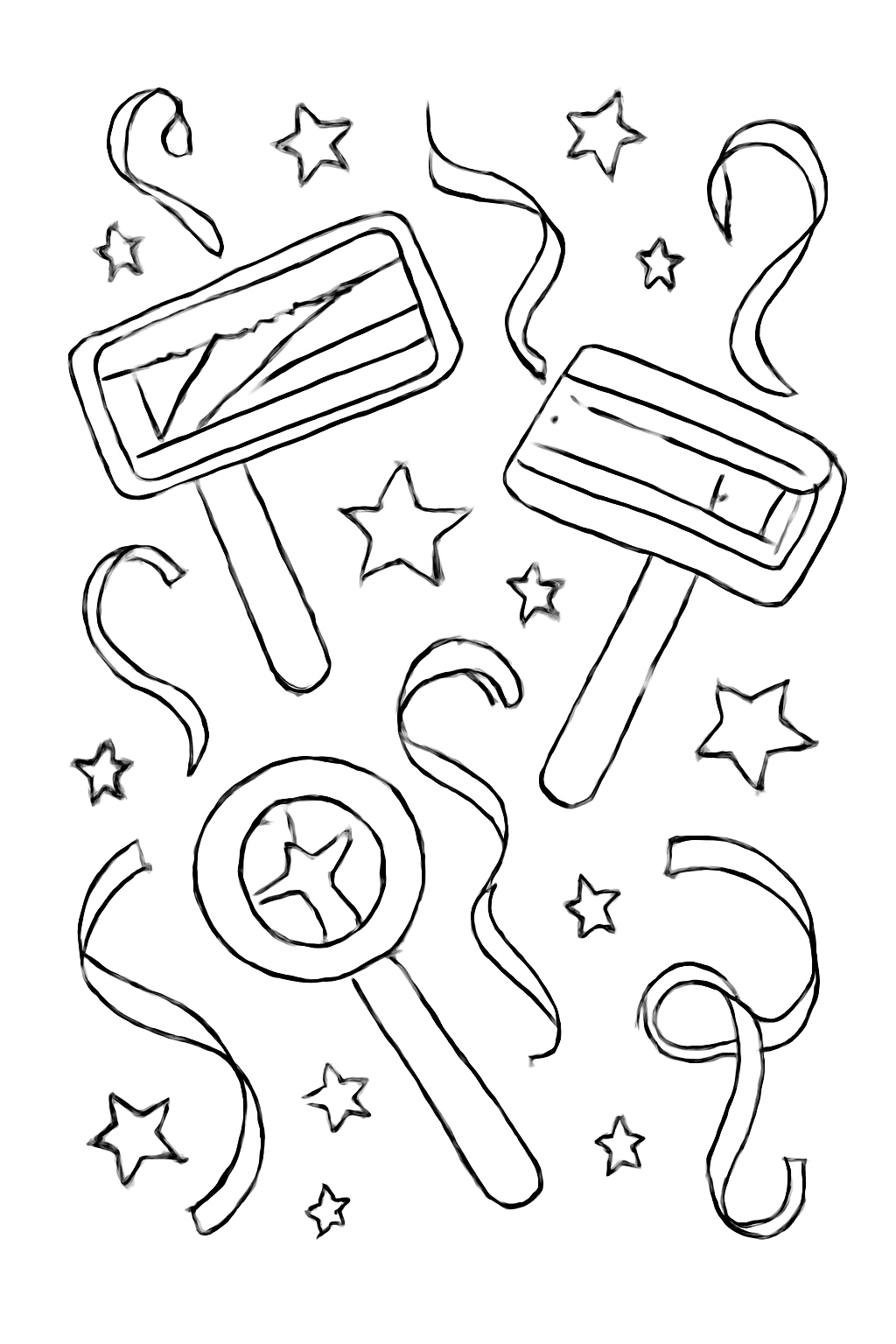Free printable Purim graggers noisemakers with ribbons and stars coloring page for kids