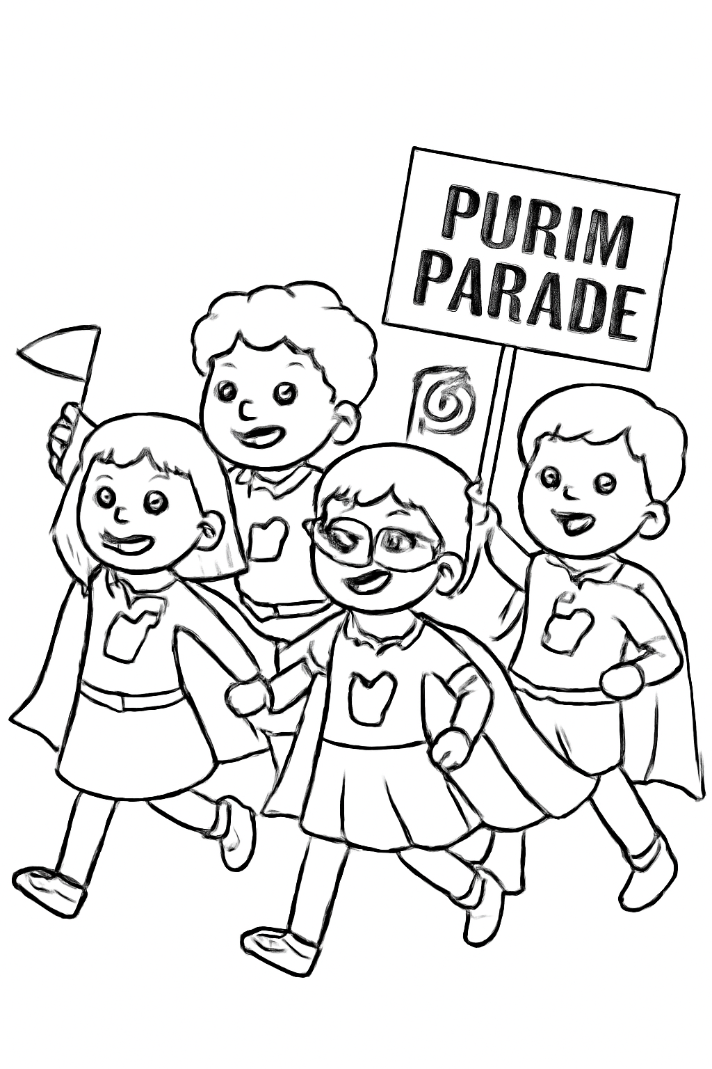 Free printable children in homemade superhero capes for the Purim parade coloring page for kids