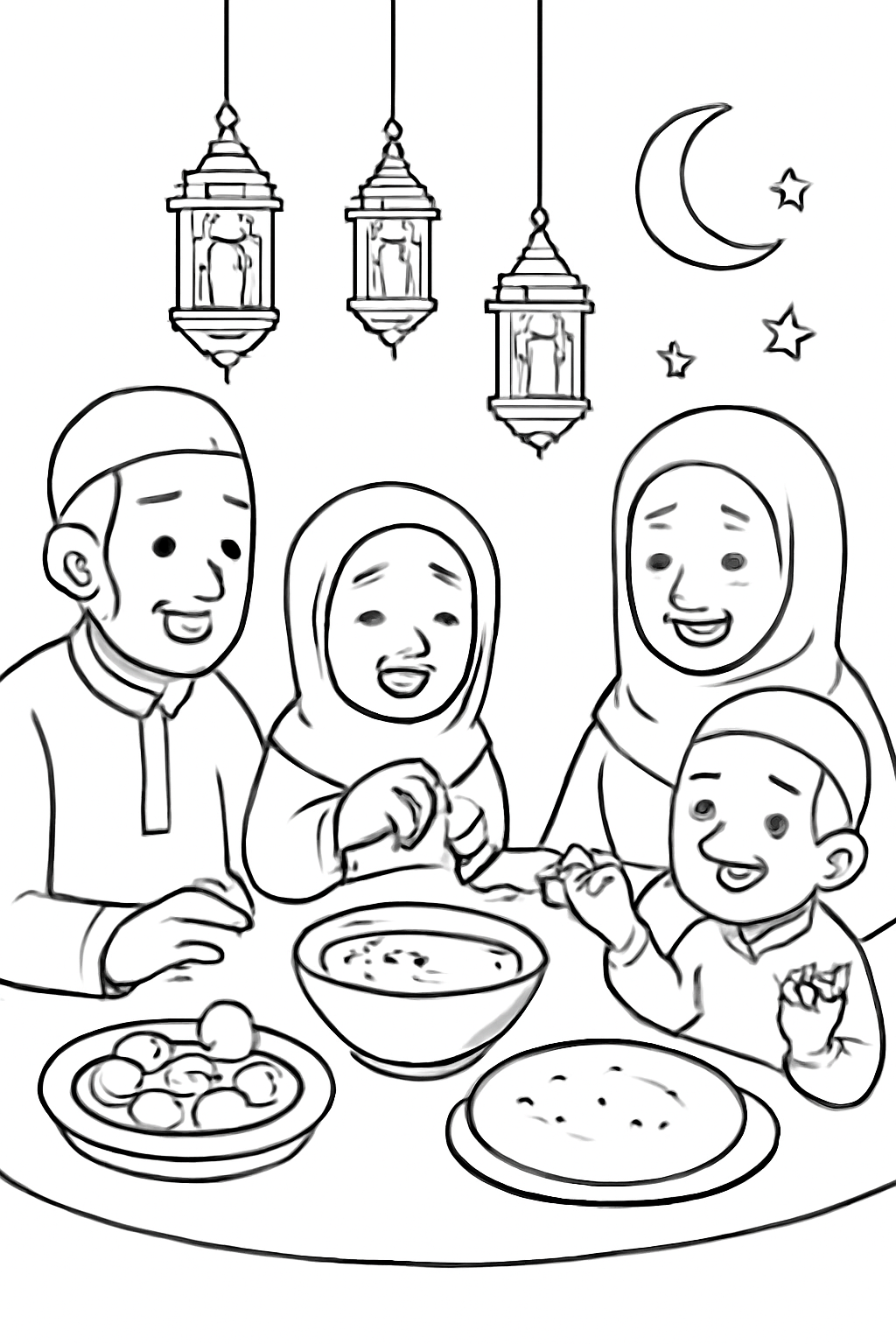 Free printable family iftar table with dates soup bread and Ramadan lanterns coloring page