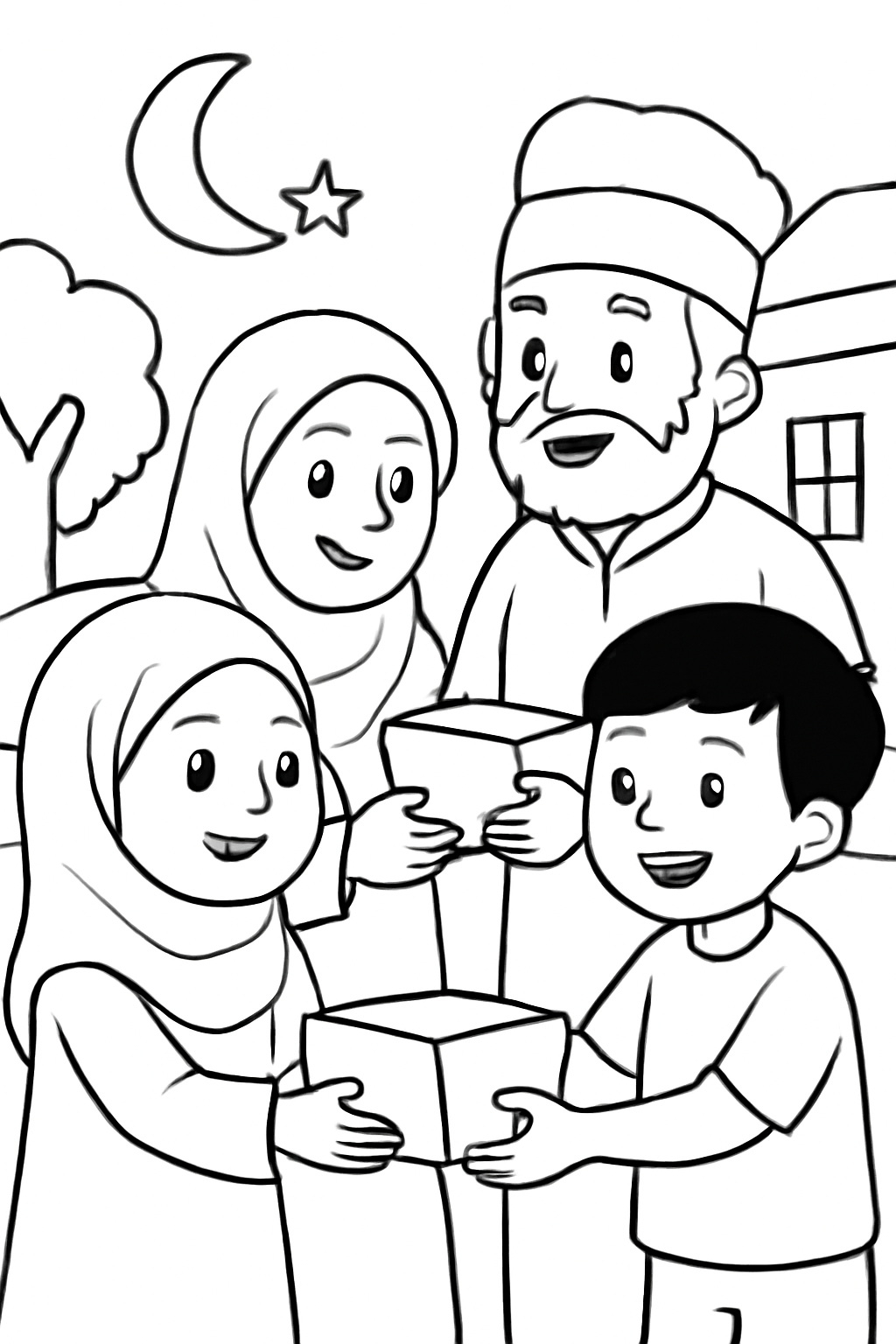 Free printable children sharing food boxes with neighbors during Ramadan coloring page for kids