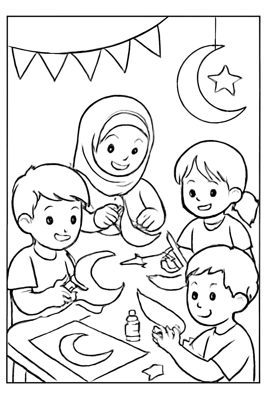 Free printable children making paper crescent crafts for Ramadan coloring page for kids
