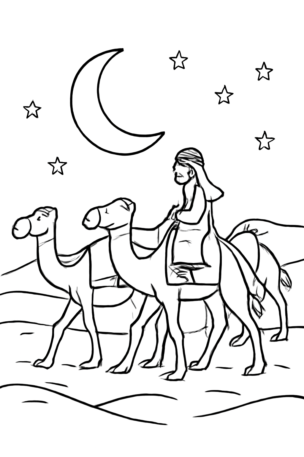 Free printable camel caravan walking under a Ramadan crescent moon coloring page for kids