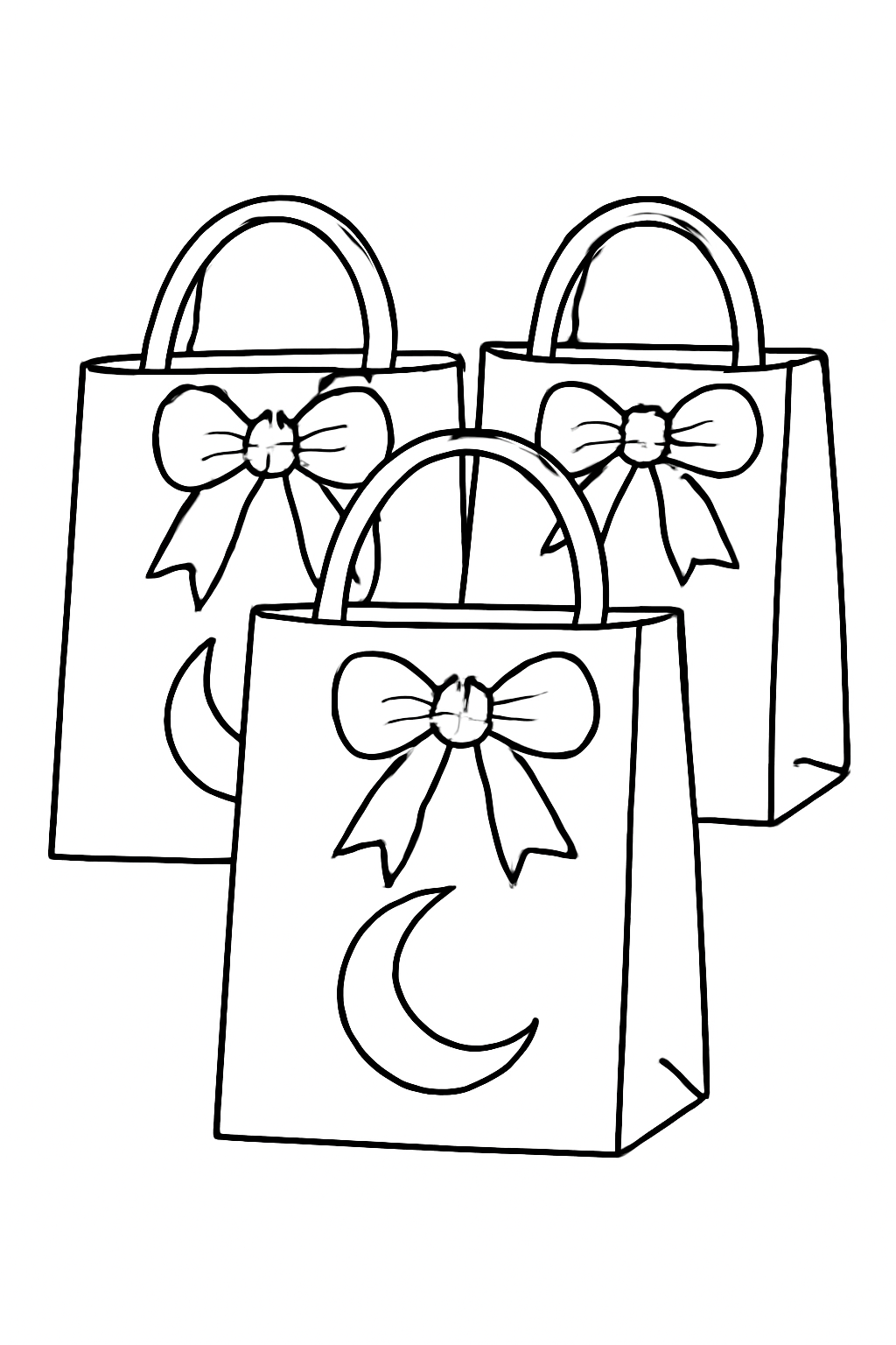 Free printable Ramadan gift bags decorated with crescents and ribbons coloring page for kids