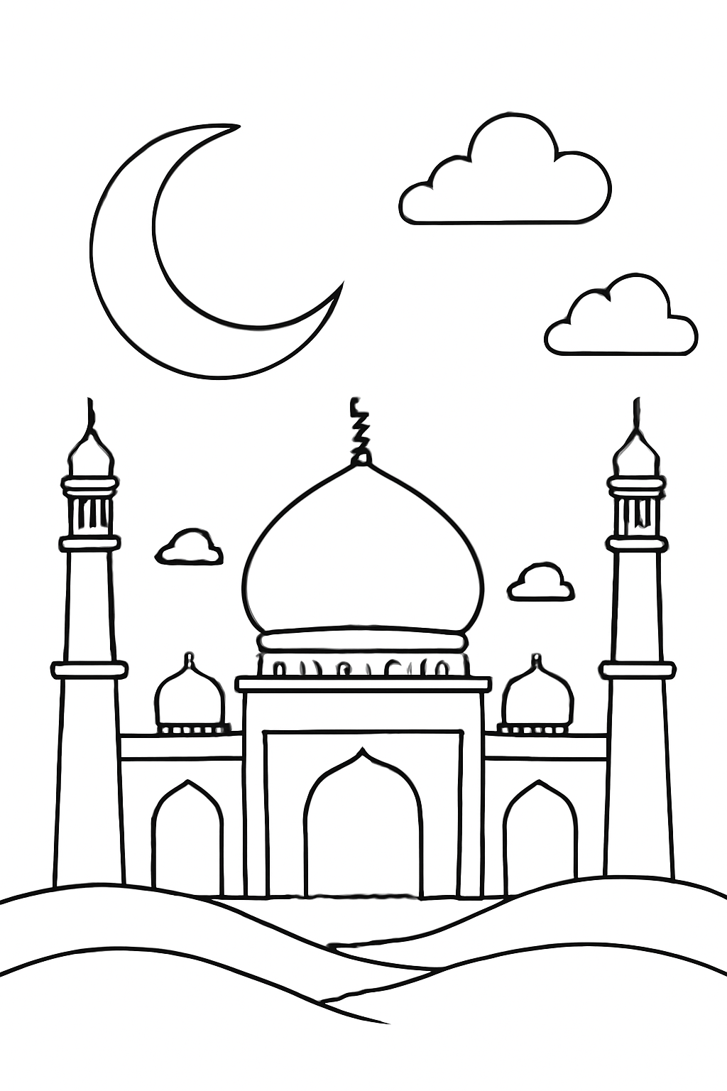 Free printable peaceful mosque silhouette beneath a crescent moon for Ramadan coloring page