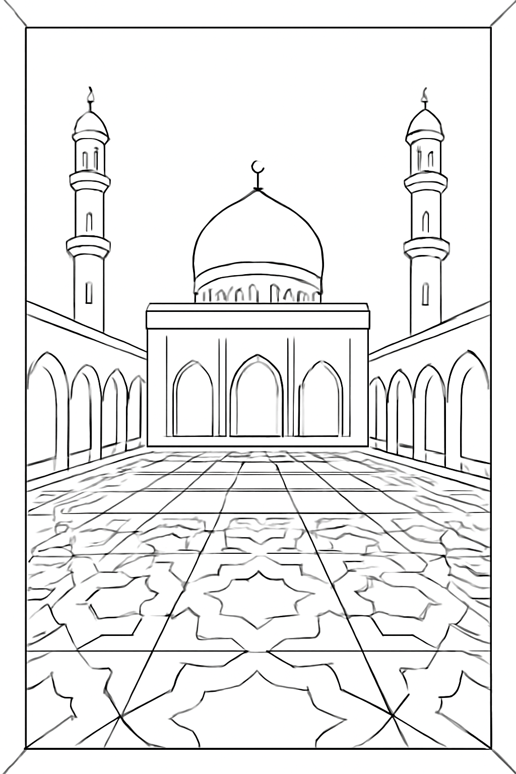 Free printable mosque courtyard with geometric tiles for Ramadan coloring page for kids