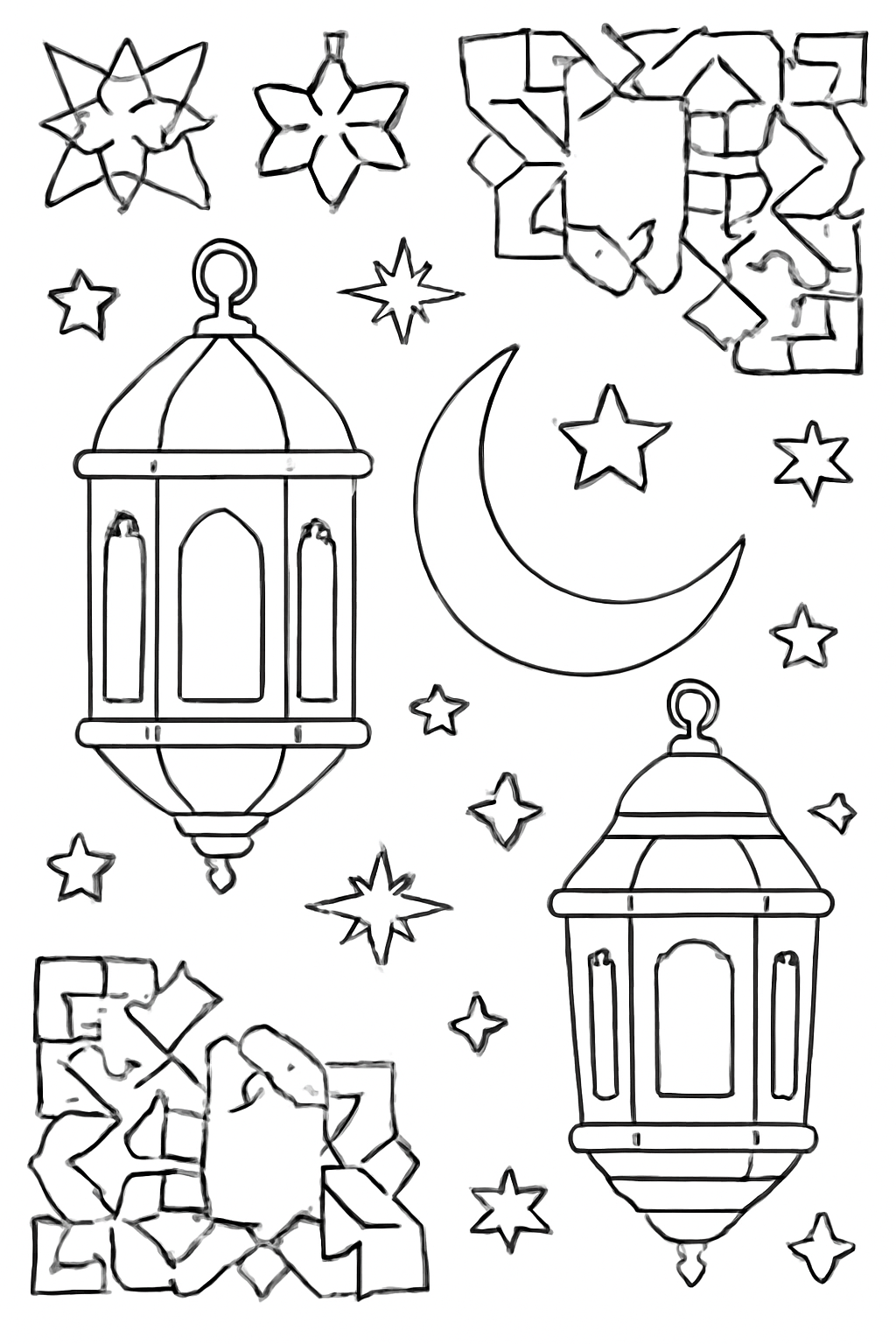 Free printable Ramadan lanterns crescent moon stars and geometric patterns coloring page
