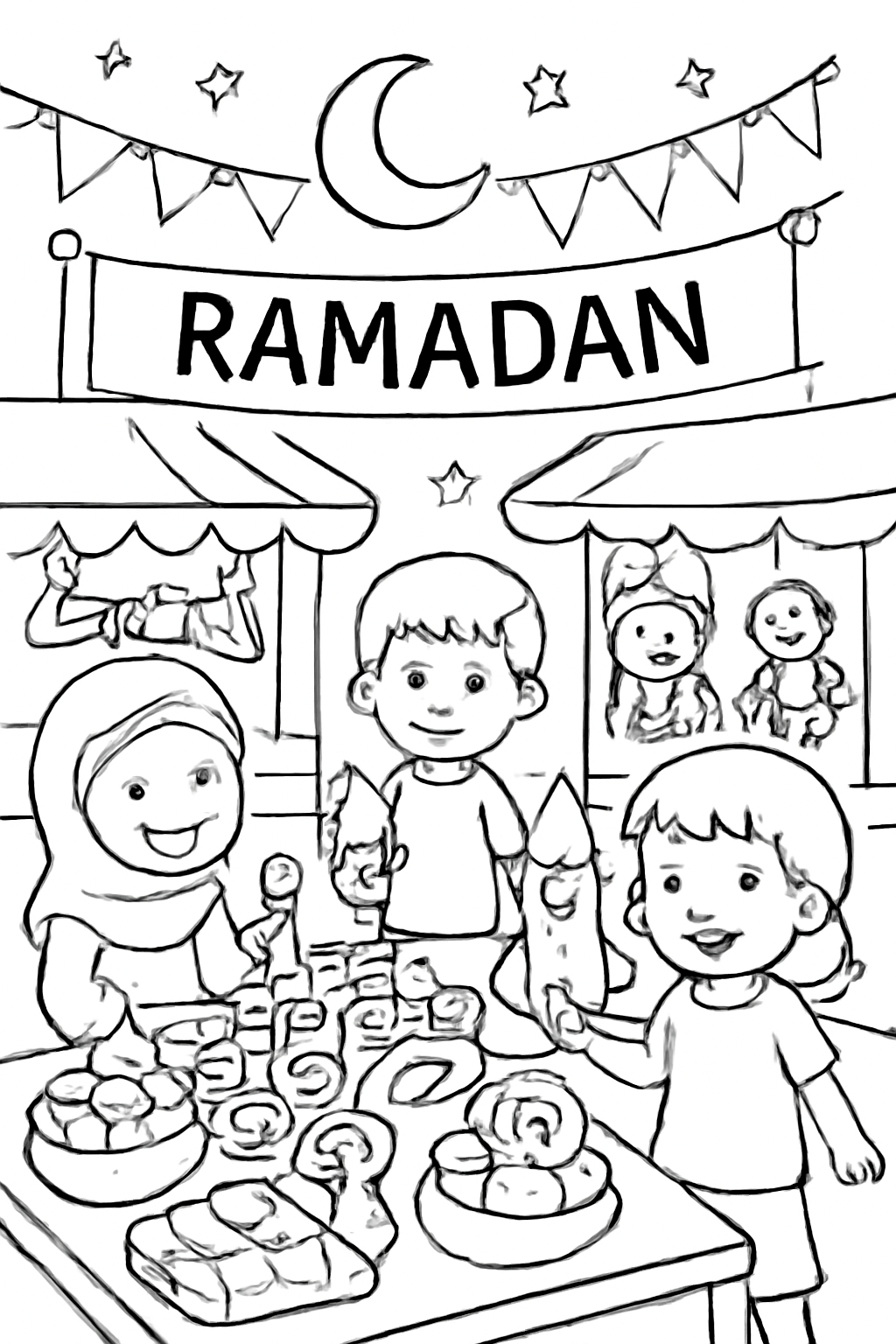 Free printable Ramadan night market with sweets and toys coloring page for kids