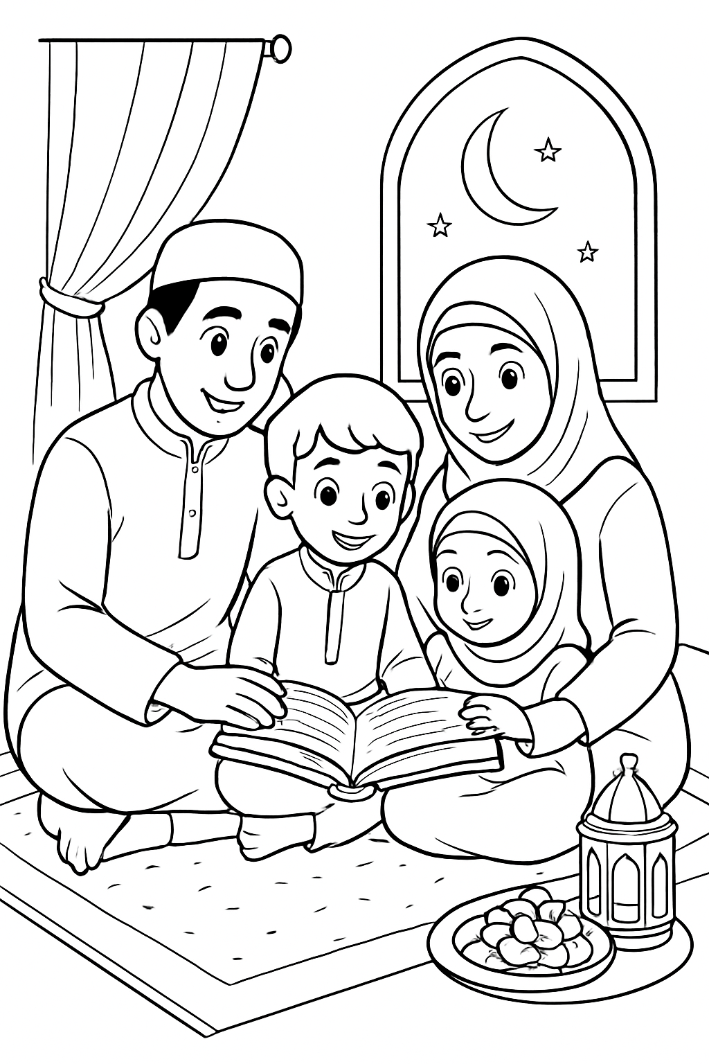 Free printable family reading together after iftar in Ramadan coloring page for kids