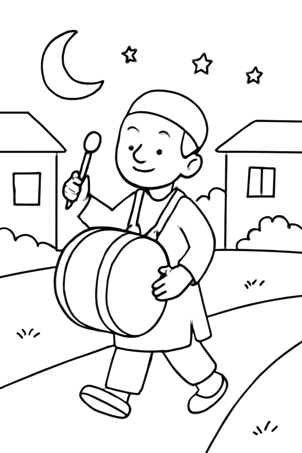 Free printable Ramadan drummer waking the neighborhood before dawn coloring page for kids