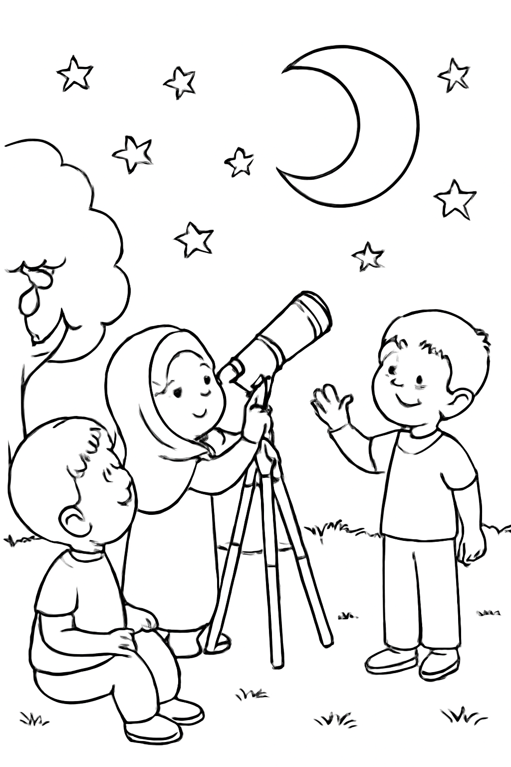 Free printable children stargazing waiting for the Ramadan moon coloring page for kids