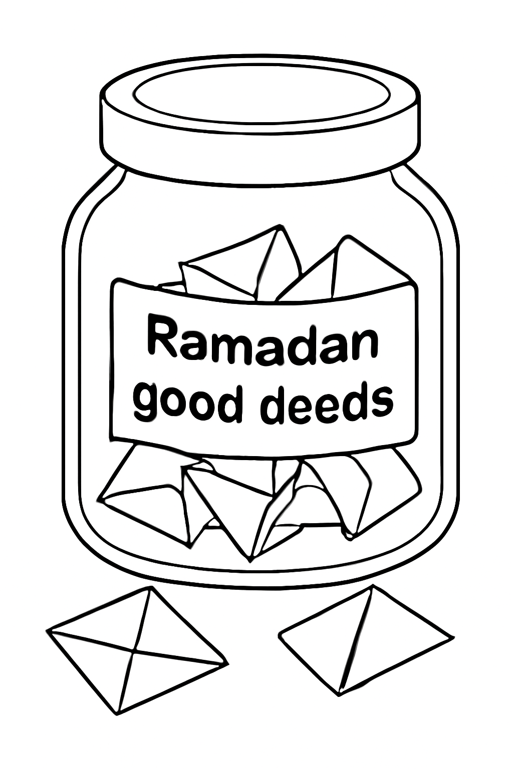 Free printable Ramadan good deeds jar with folded paper notes coloring page for kids