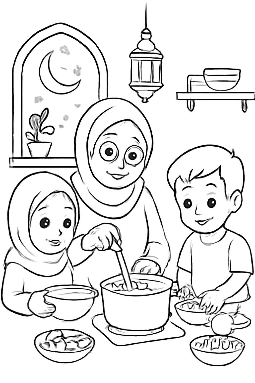 Free printable grandmother cooking soup for Ramadan iftar with children helping coloring page for kids