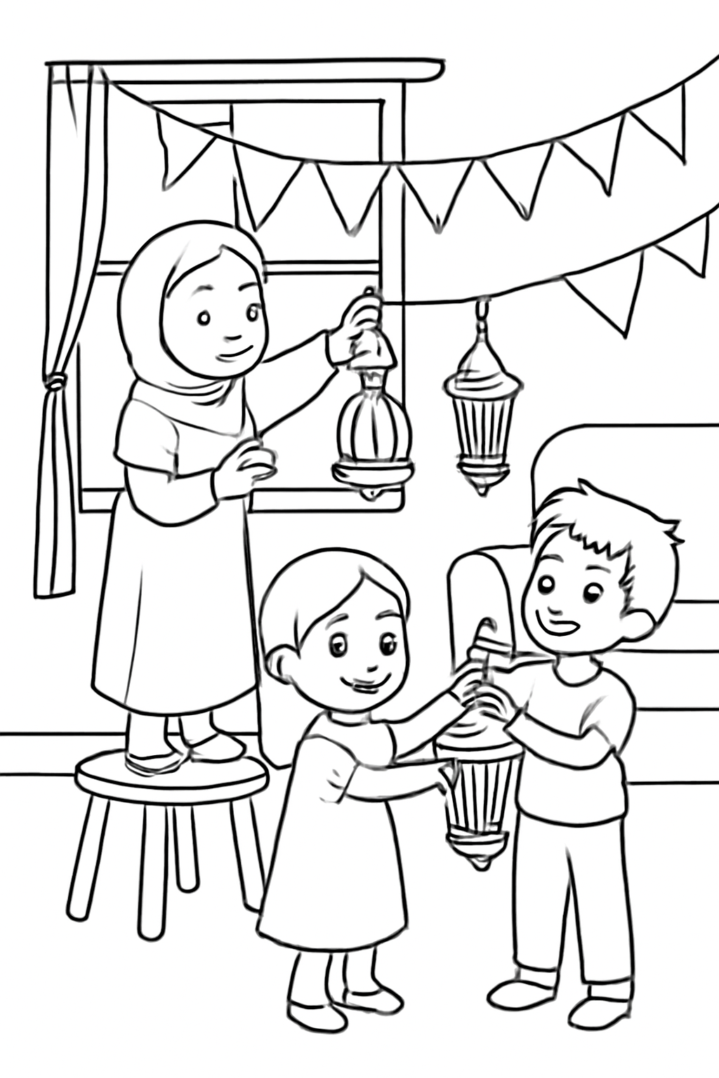 Free printable children hanging Ramadan lantern decorations at home coloring page