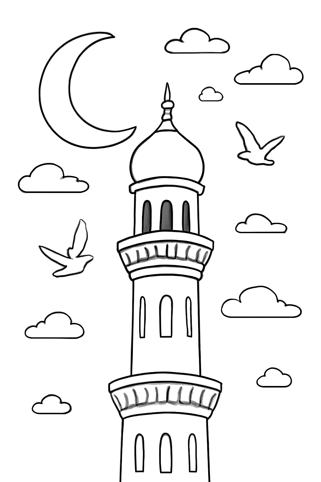 Free printable moonlit minaret with birds for Ramadan coloring page for kids