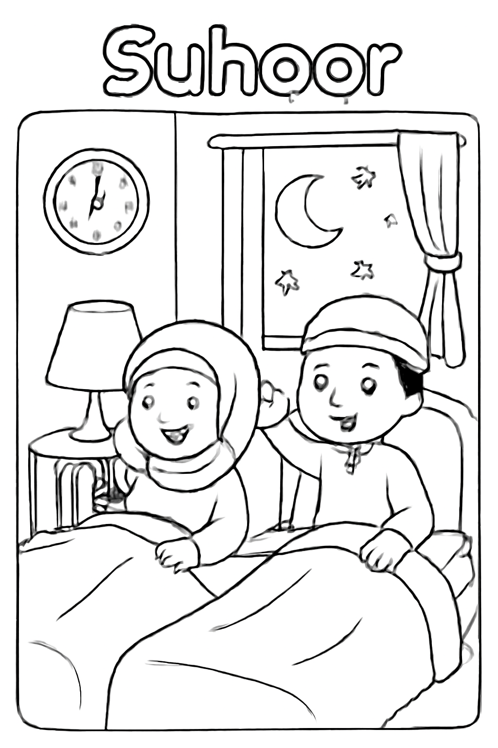Free printable children waking for suhoor before dawn in Ramadan coloring page for kids