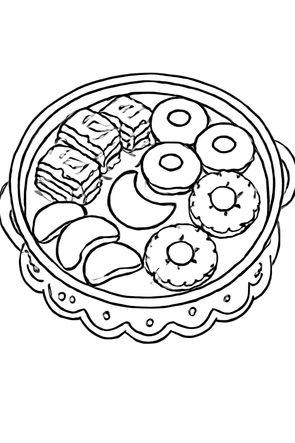 Free printable Ramadan sweets tray with baklava and cookies coloring page for kids
