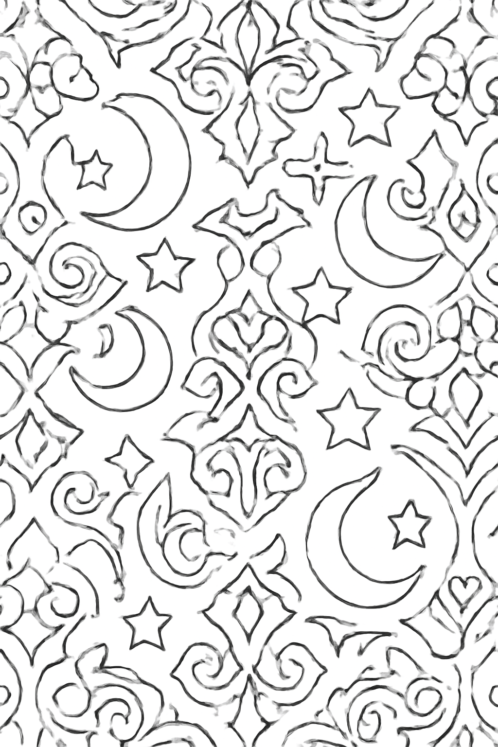 Free printable Ramadan pattern of crescents stars and arabesques coloring page for kids