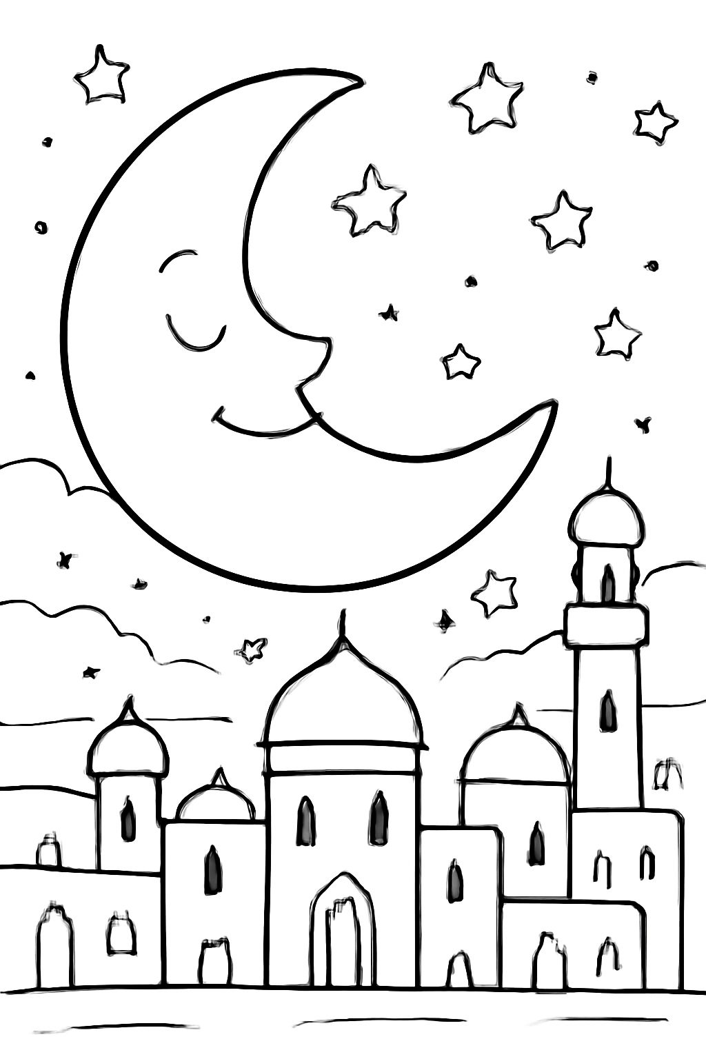 Free printable crescent moon with a gentle smile over a Ramadan town coloring page for kids
