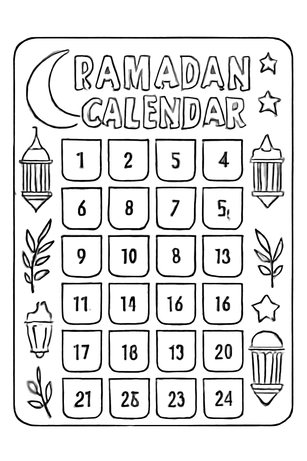 Free printable Ramadan calendar with thirty little pockets for treats coloring page for kids