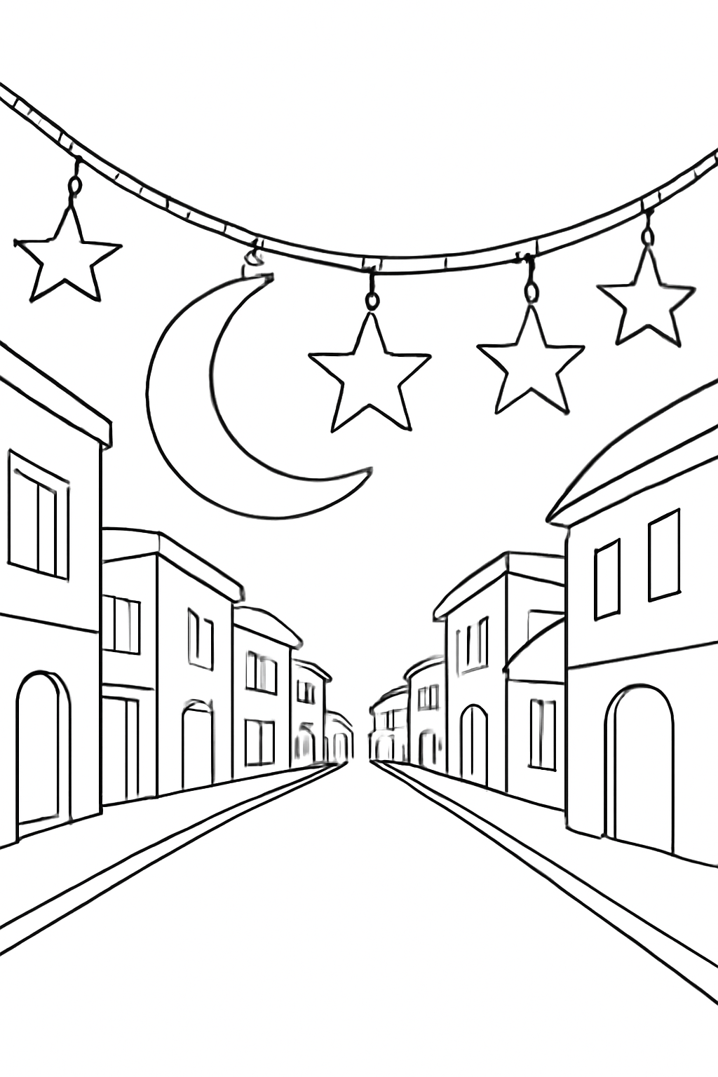 Free printable Ramadan crescent and star garland across a street coloring page for kids