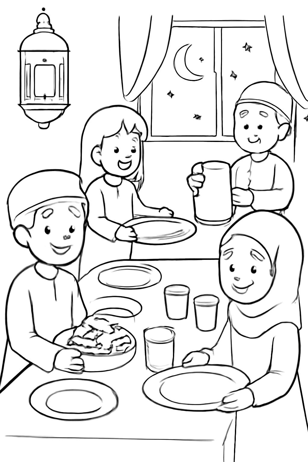 Free printable kids setting the iftar table for Ramadan coloring page for kids