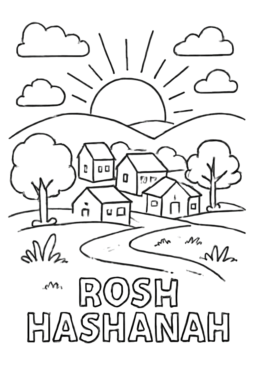 Free printable Rosh Hashanah sunset over a peaceful village coloring page for kids