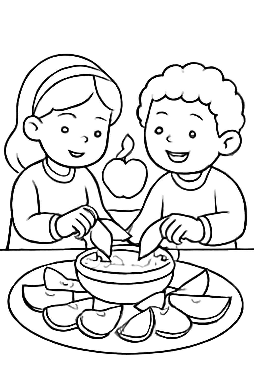 Free printable children dipping apple slices in honey for Rosh Hashanah coloring page for kids