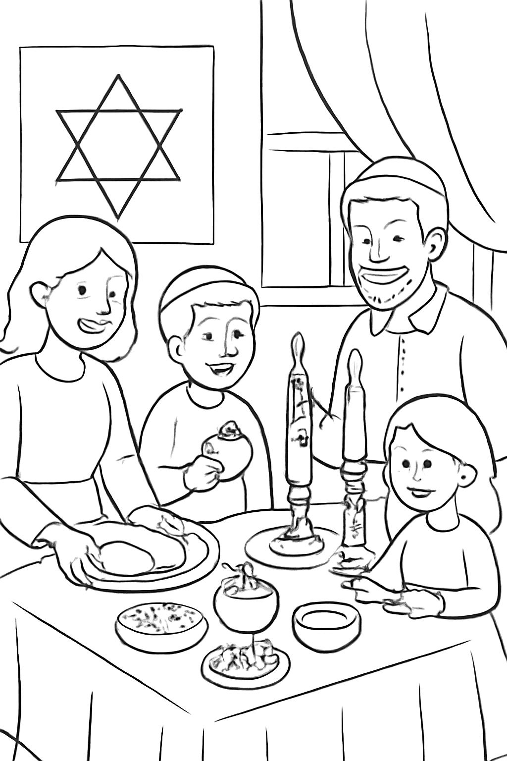 Free printable family setting a festive Rosh Hashanah dinner table coloring page