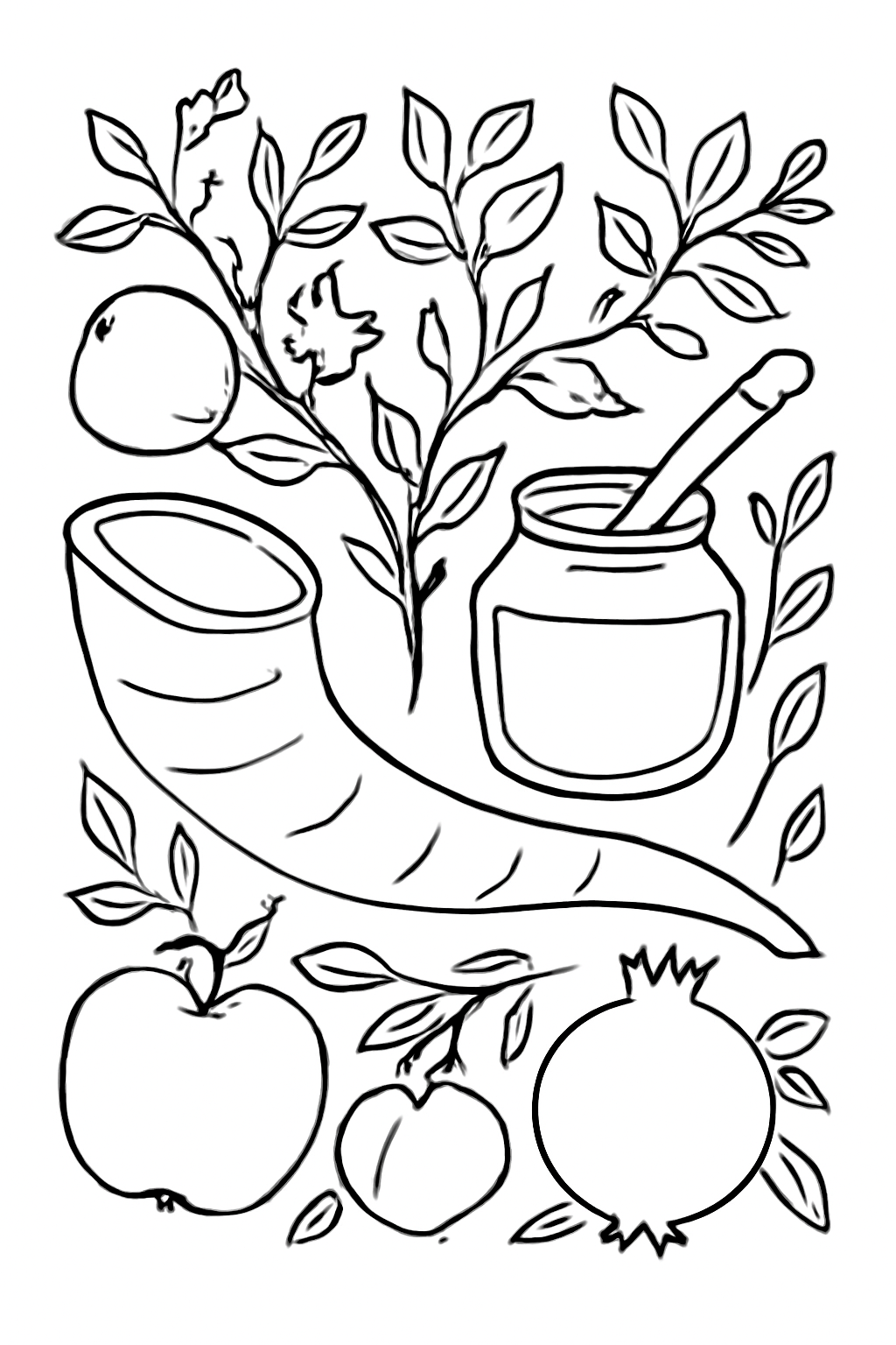 Free printable shofar surrounded by apples honey and pomegranate branches for Rosh Hashanah coloring page