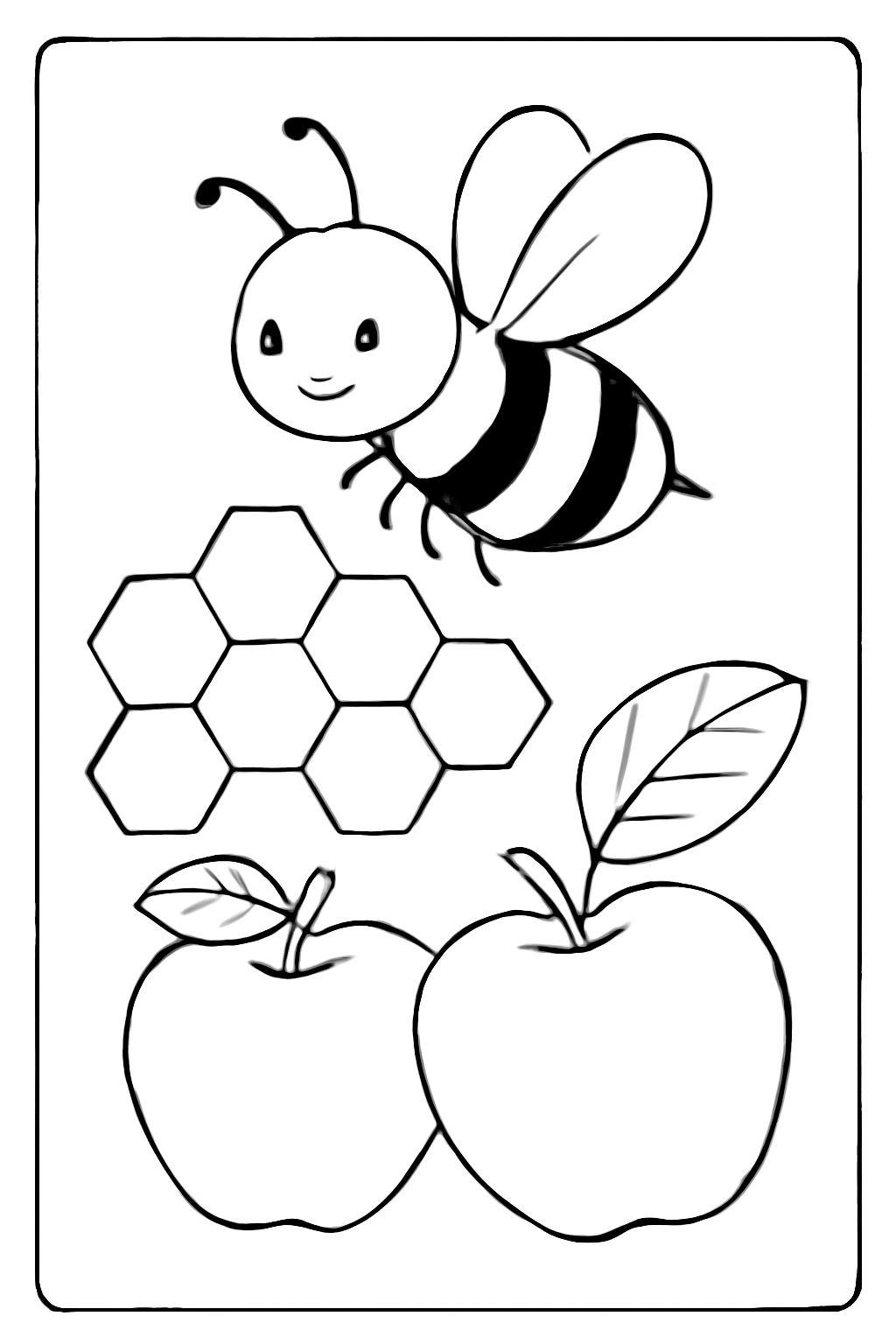 Free printable bee flying over honeycomb and apples for Rosh Hashanah coloring page for kids