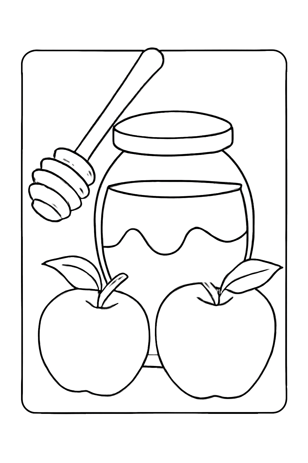 Free printable Rosh Hashanah honey jar with a wooden dipper and apples coloring page for kids