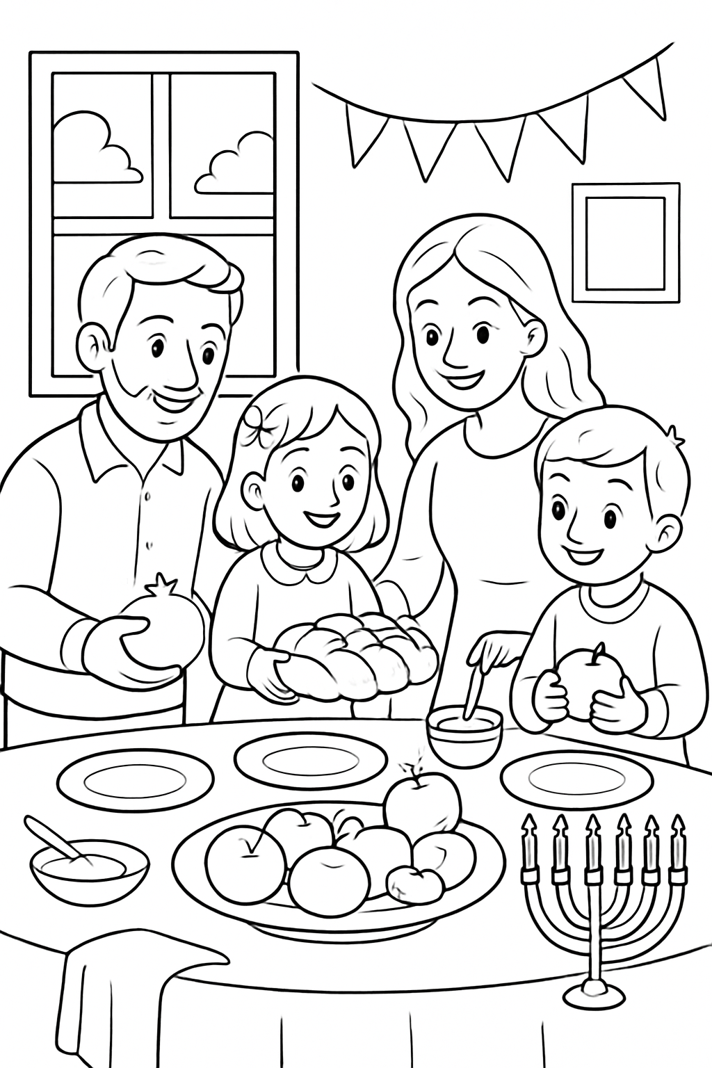 Free printable family setting a festive Rosh Hashanah dinner table coloring page for kids