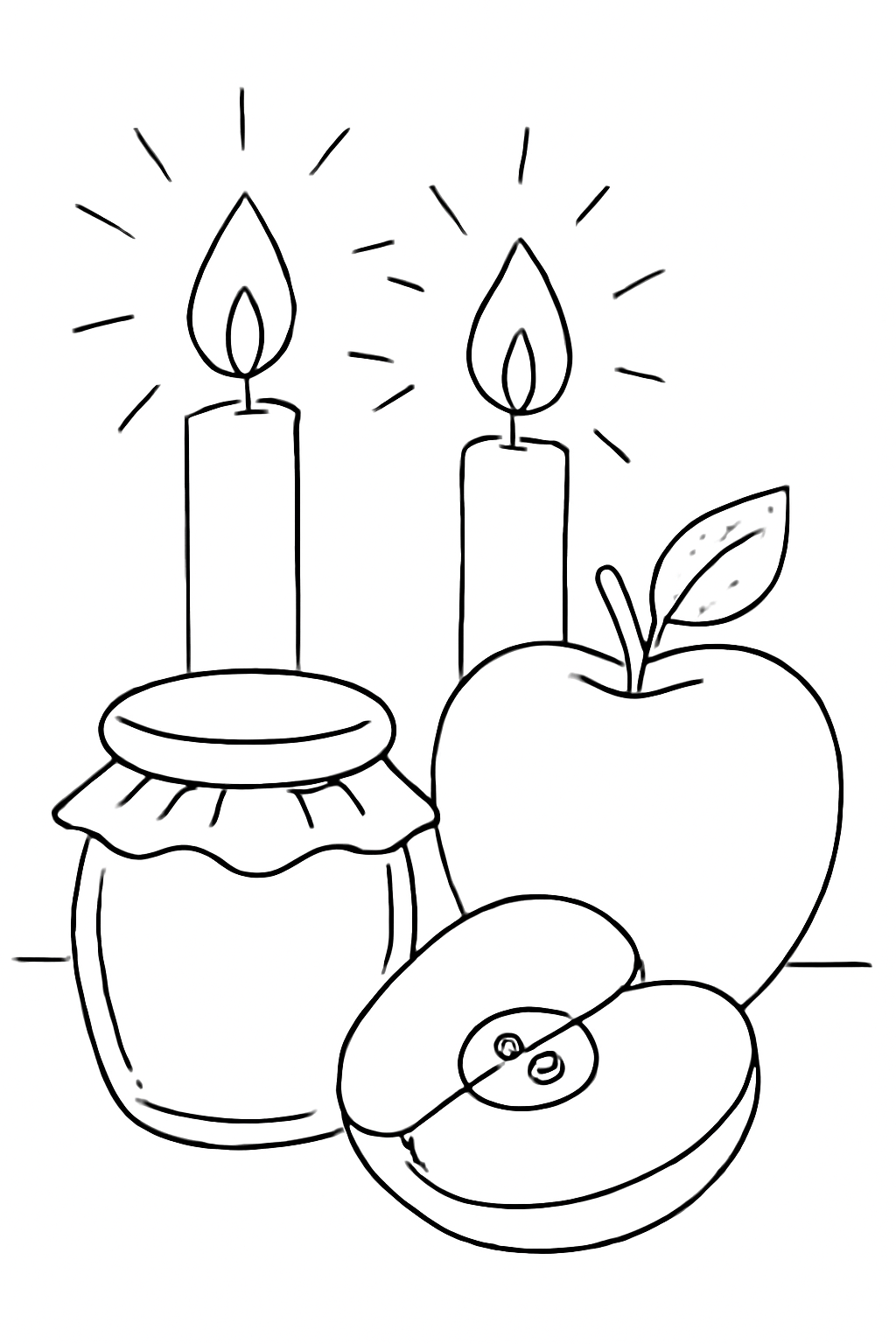 Free printable Rosh Hashanah candles glowing beside apples and honey coloring page for kids