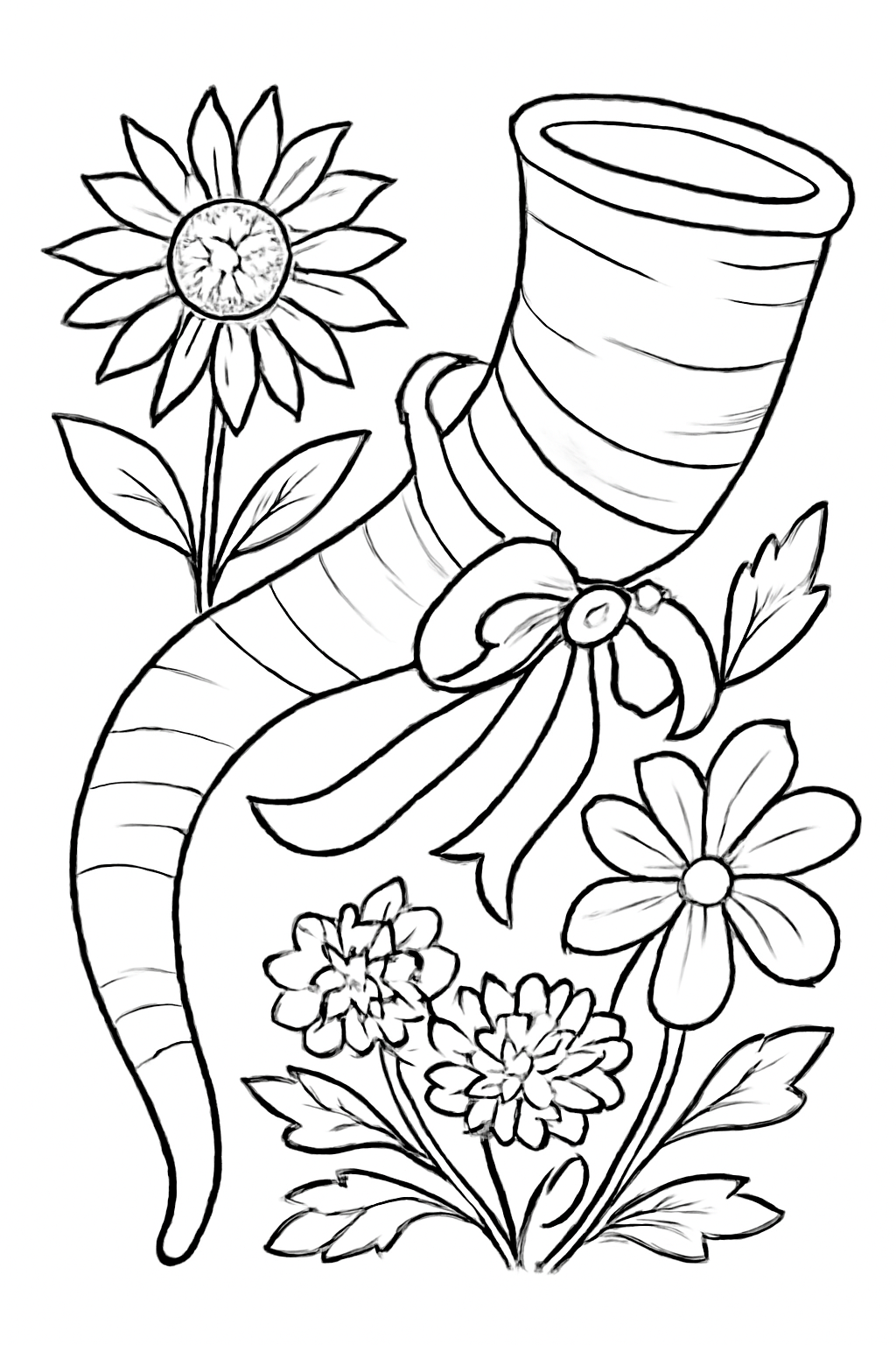 Free printable shofar decorated with ribbons beside autumn flowers coloring page for kids