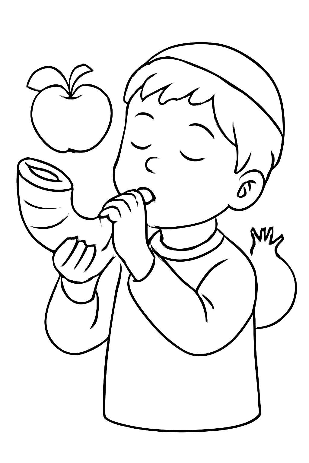 Free printable child practicing blowing a shofar for Rosh Hashanah coloring page for kids