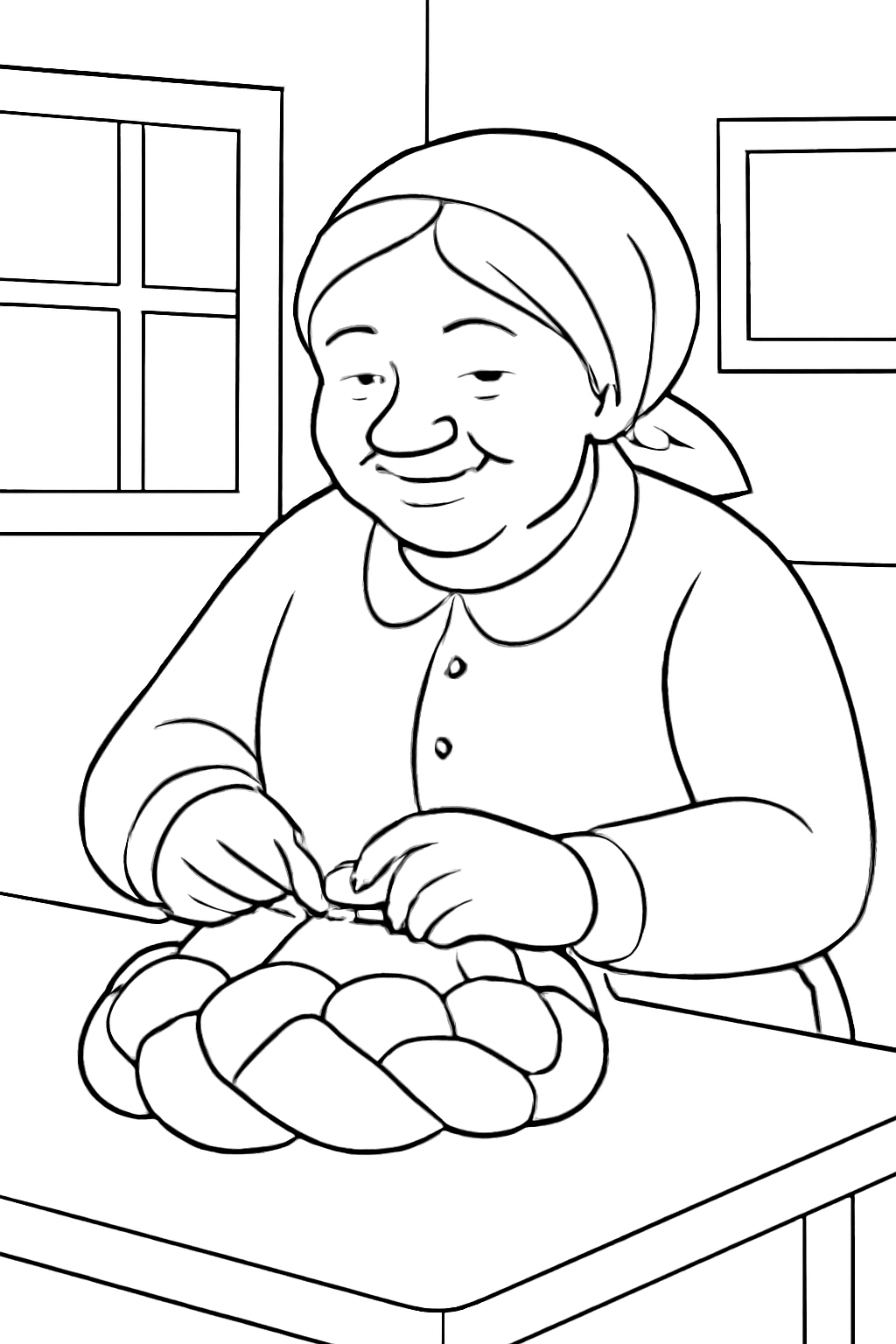 Free printable grandmother braiding round challah for Rosh Hashanah coloring page for kids