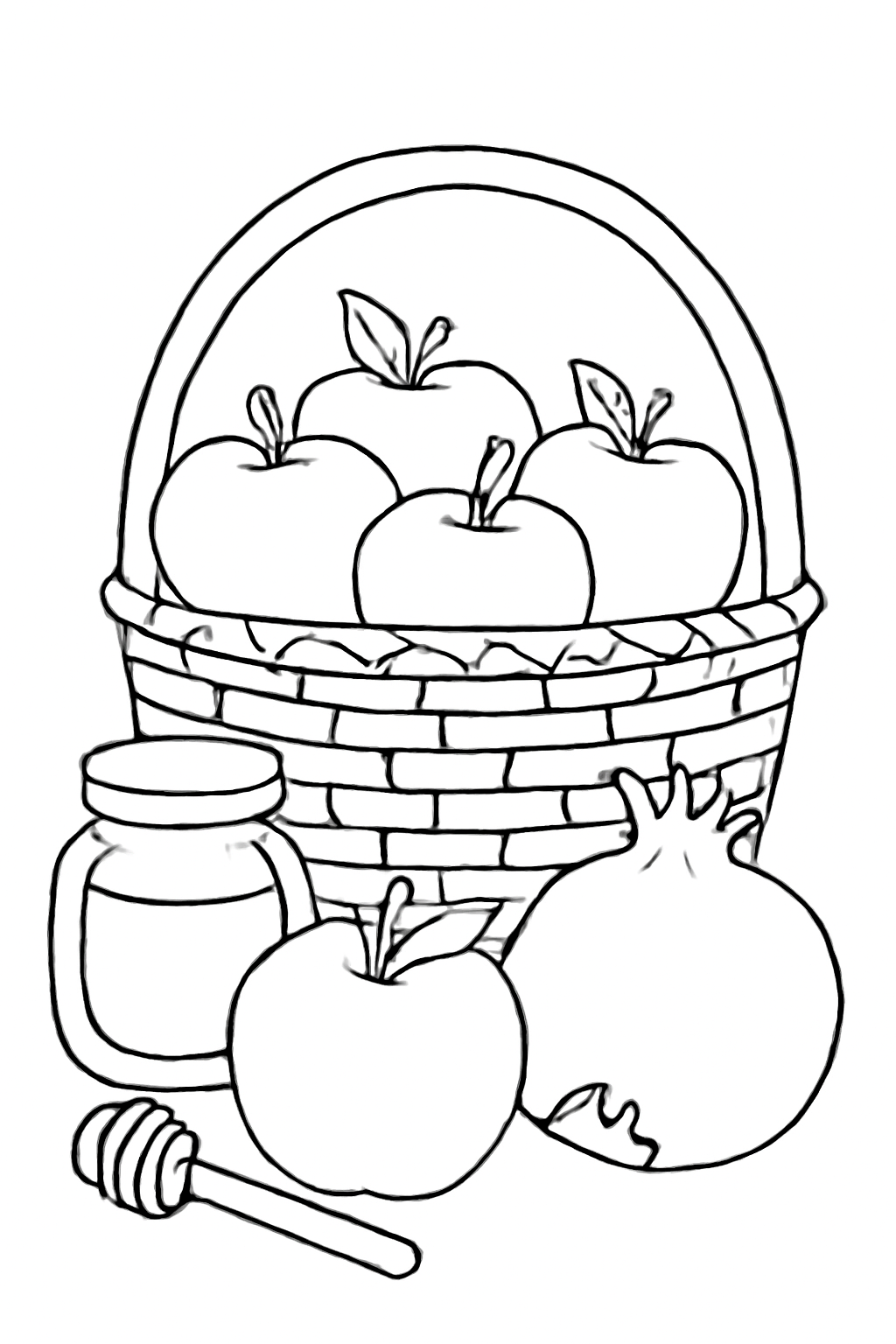 Free printable Rosh Hashanah basket of apples pomegranates and honey coloring page for kids