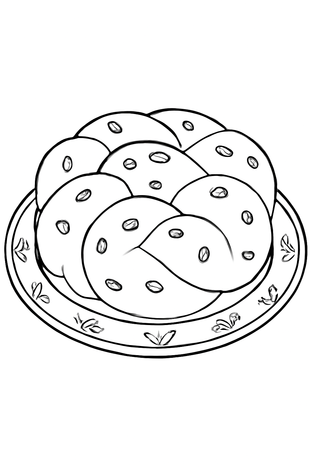 Free printable round challah with raisins on a Rosh Hashanah plate coloring page for kids