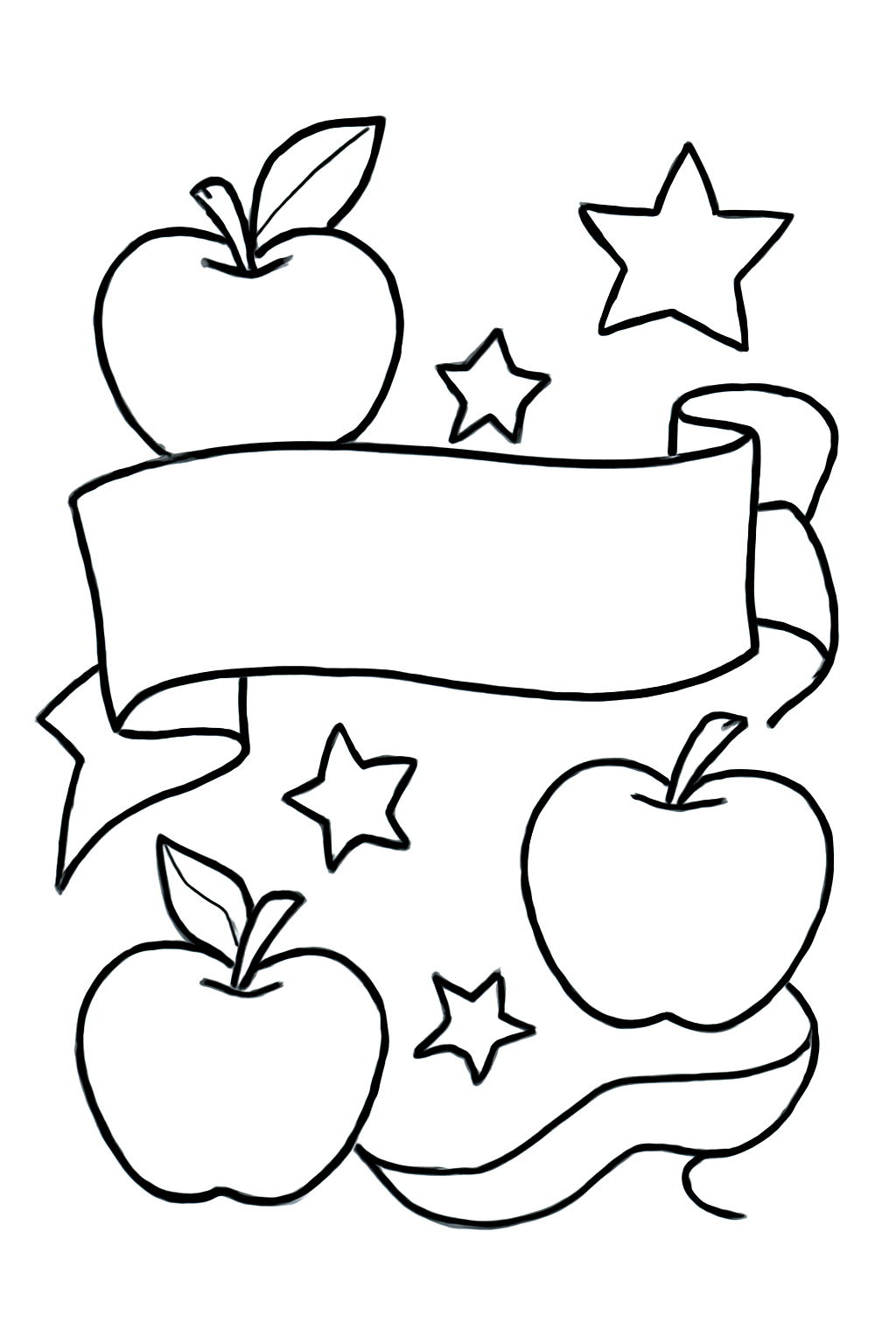 Free printable Rosh Hashanah card design with apples stars and ribbons coloring page for kids