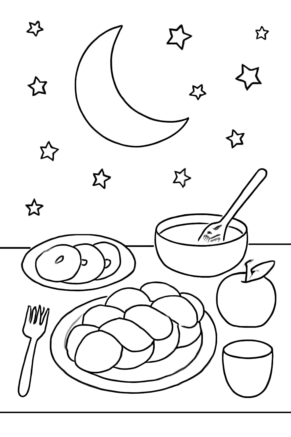 Free printable new moon and stars over a Rosh Hashanah dinner coloring page for kids