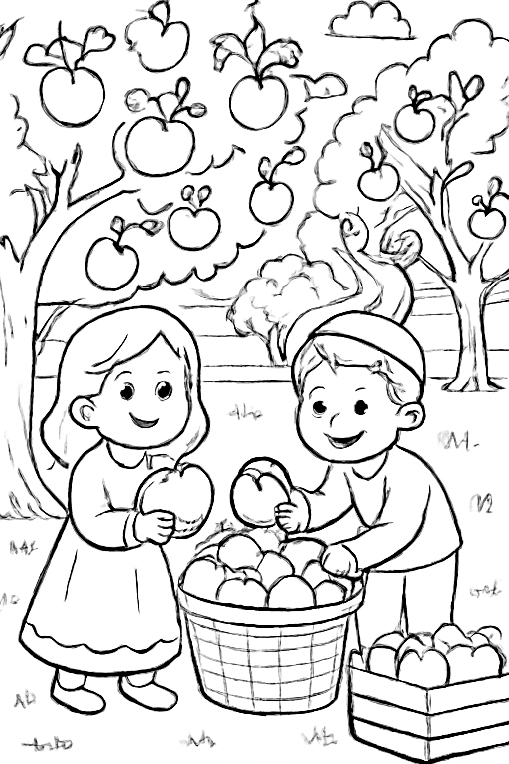 Free printable apple orchard harvest for Rosh Hashanah coloring page for kids
