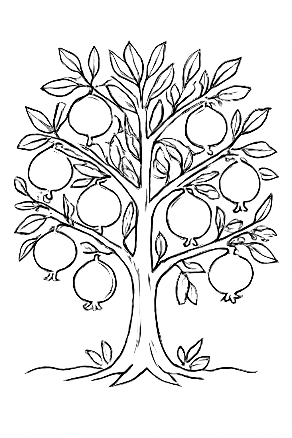 Free printable pomegranate tree heavy with fruit for Rosh Hashanah coloring page for kids