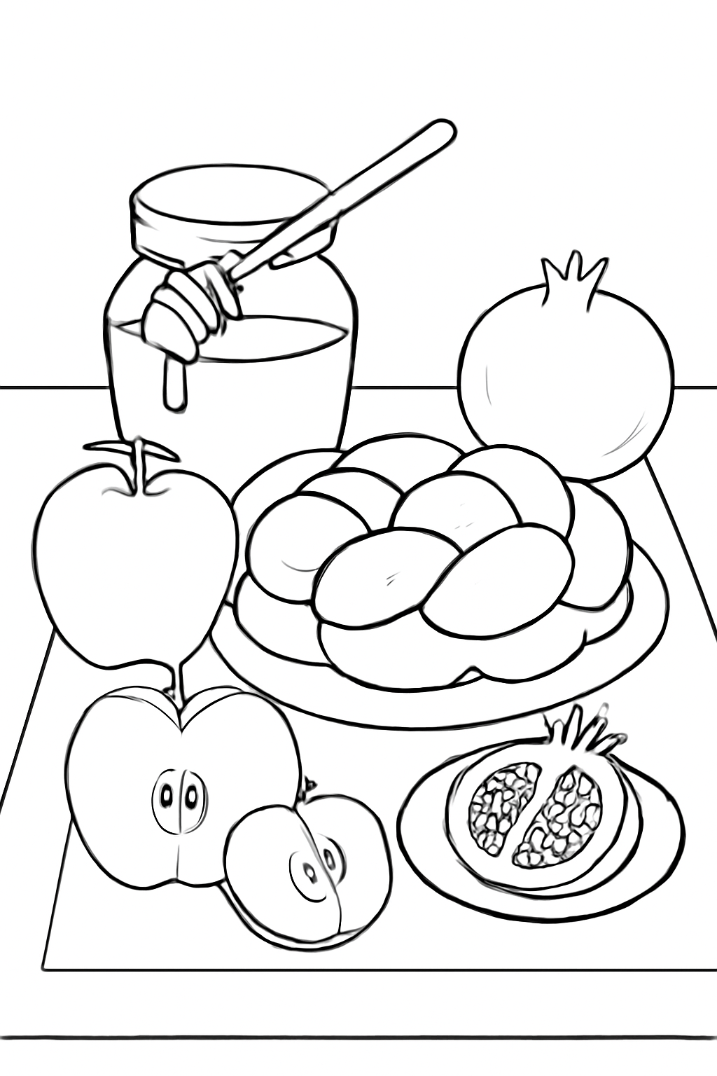 Free printable Rosh Hashanah table with apples honey pomegranates and round challah coloring page