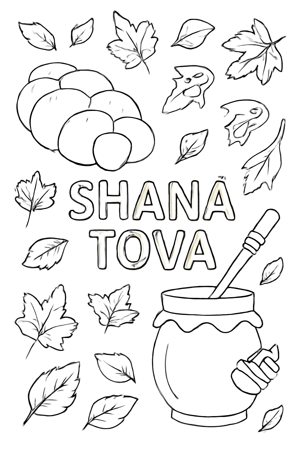 Free printable Rosh Hashanah greeting scene with round challah bees and autumn leaves coloring page