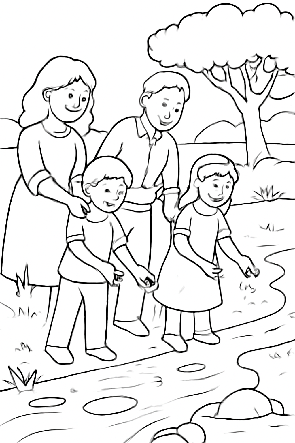 Free printable family tossing bread crumbs into a stream for Rosh Hashanah tashlich coloring page for kids