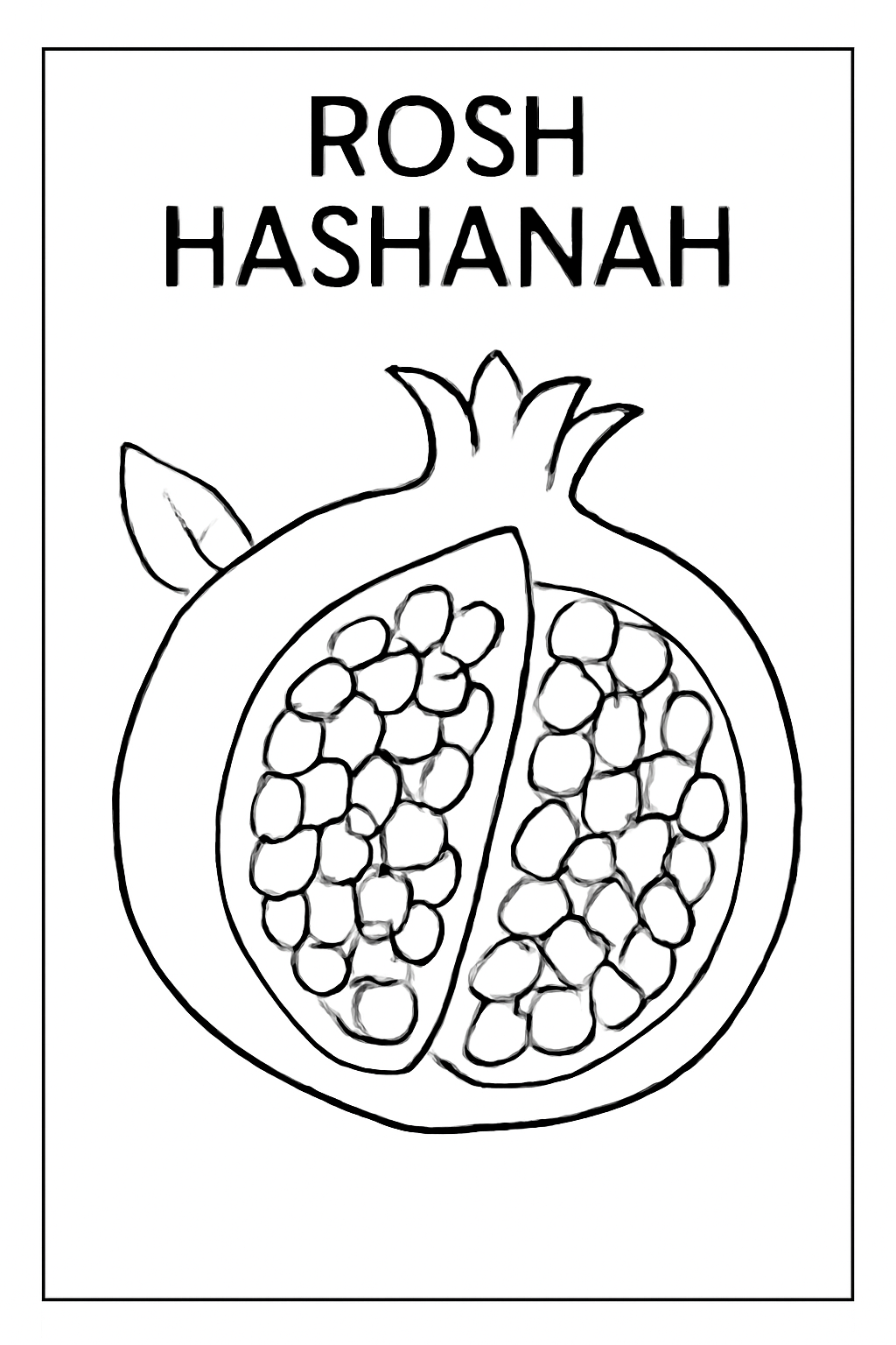 Free printable pomegranate cut open showing seeds for Rosh Hashanah coloring page for kids