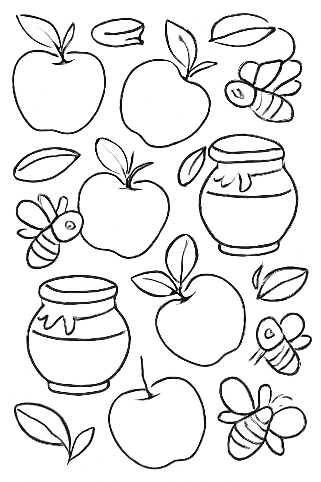Free printable Rosh Hashanah pattern of apples honey pots and bees coloring page for kids