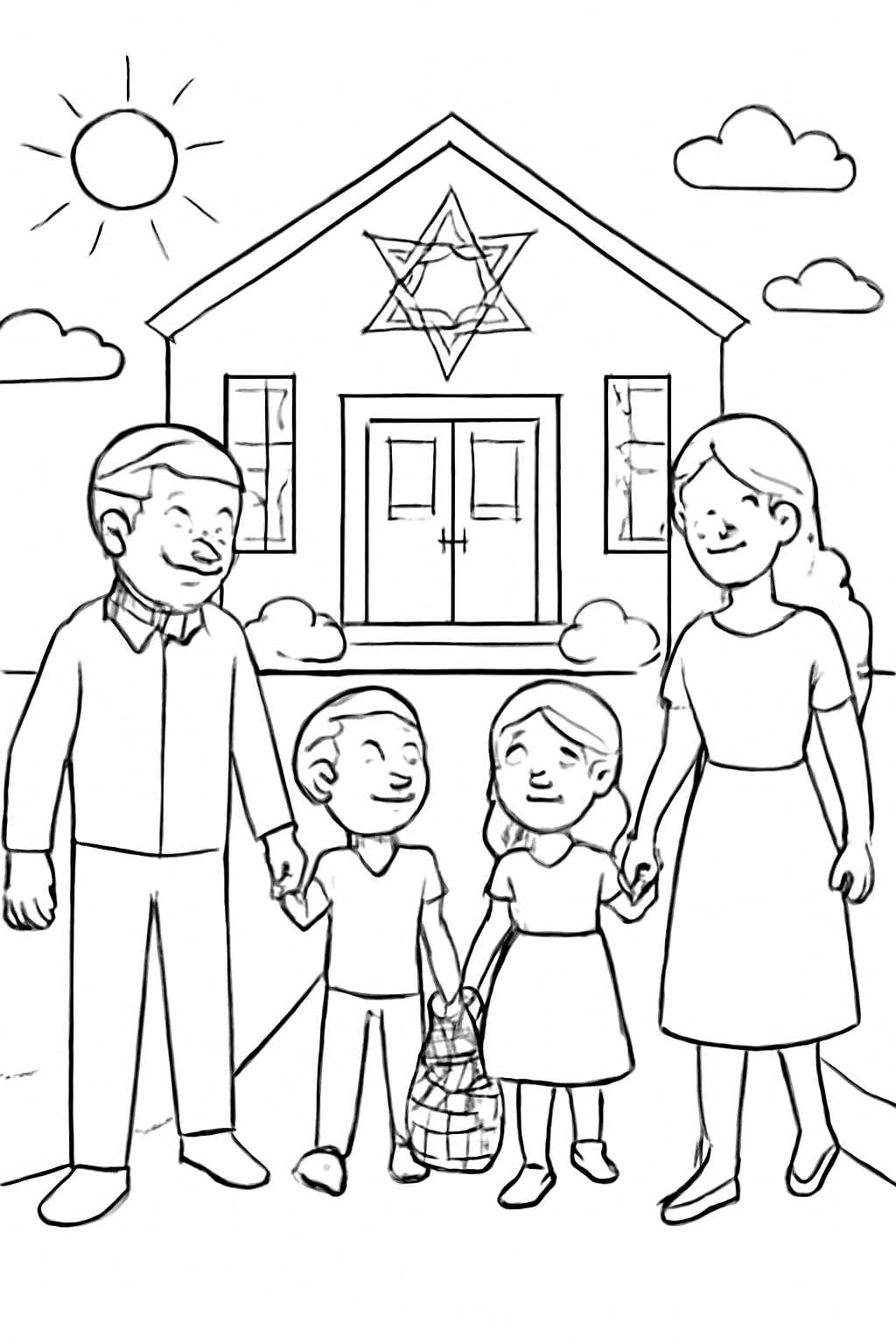 Free printable family walking to synagogue on Rosh Hashanah morning coloring page for kids