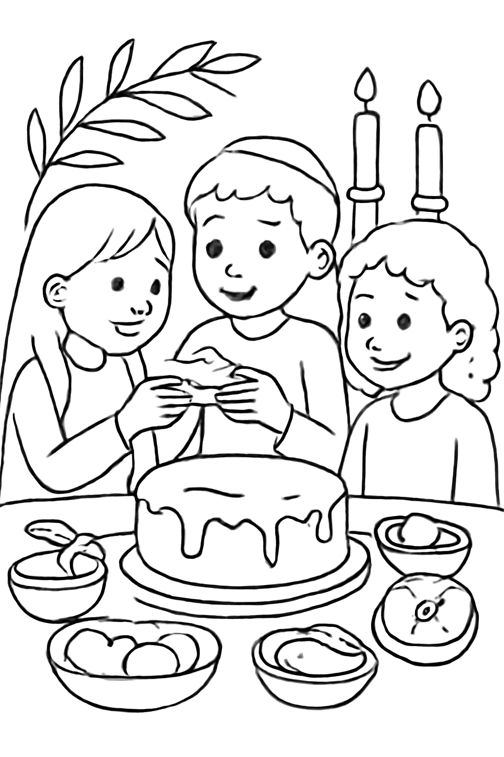 Free printable children sharing honey cake at a Rosh Hashanah table coloring page for kids