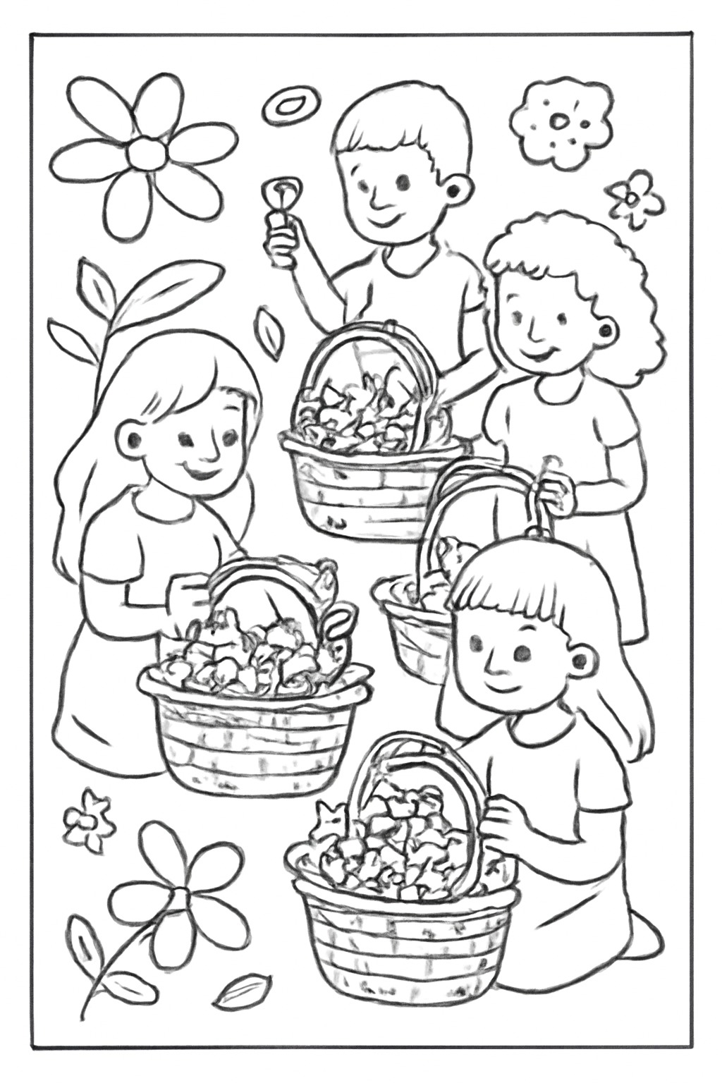 Free printable children decorating baskets with flowers for Shavuot coloring page